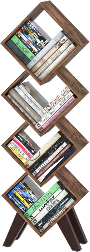 Yoobure Small Bookshelf, Tall 4-Tier Book Shelf, Wood Bookcase Book Organizer, Industrial Bookshelves Floor Standing for CDs/Books in Small Spaces, Bedroom, Living Room, Home Office - LeafyLoom