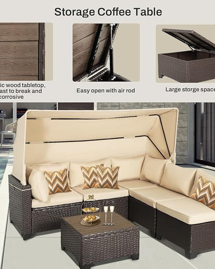6 PCS Outdoor Patio Furniture Set,Sectional Sofa Set,Rattan Daybed with Retractable Canopy,Adjustable Backrest,Storage Coffee Table for Porch Garden Poolside Backyard(Khaki) - LeafyLoom