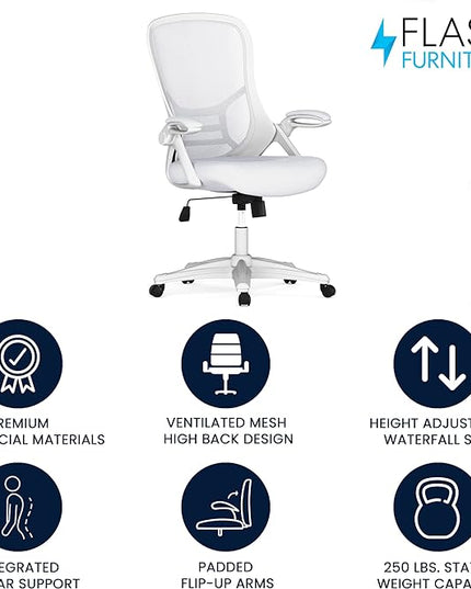 Flash Furniture Porter High-Back Swivel Office Chair with Adjustable Lumbar Support and Seat Height, Ergonomic Mesh Desk Chair with Flip-Up Armrests, White - LeafyLoom
