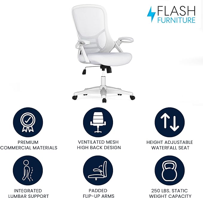 Flash Furniture Porter High-Back Swivel Office Chair with Adjustable Lumbar Support and Seat Height, Ergonomic Mesh Desk Chair with Flip-Up Armrests, White - LeafyLoom