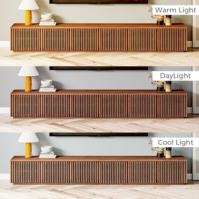 POVISON Wood TV Stand, 118” Extra-large Entertainment Center for 100 inch TV, Modern Living Room Media Console with Storage, Farmhouse Slatted Solid Ash Low Cabinets - LeafyLoom