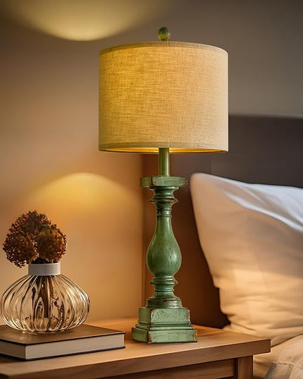 BOBOMOMO 27" Farmhouse Table Lamp Set of 2 with USB A+C for Bedroom Living Room Vintage Rustic Traditional Nightstand Bedside Lamps Retro Side Table Lamps (Green) - LeafyLoom