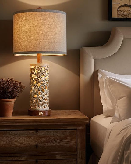 OYEARS 3-Way Dimmable 22'' USB A+C Touch Control Table Lamp Set of 2 with Nightlight for Living Room Bedroom Farmhouse Bedside Nightstand Lamps (Brown, Bulb Included) - LeafyLoom