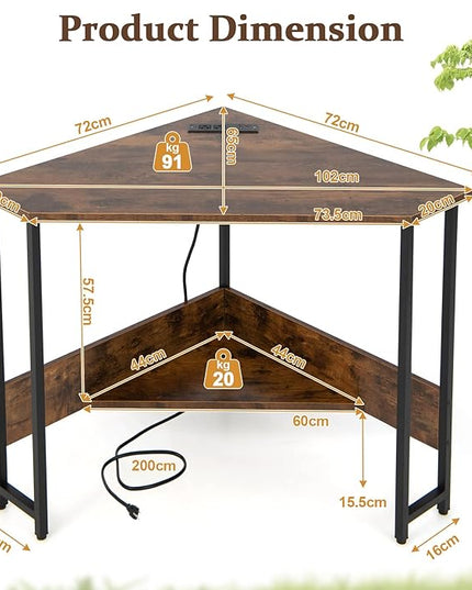 Corner Desk with Charging Station & USB Port, 90-degree Triangle Computer Workstation w/Storage Shelf, Metal Frame, Space-saving Laptop PC Desk for Small Space, Home Office (Rustic Brown) - LeafyLoom