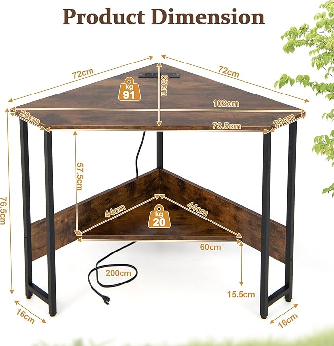 Corner Desk with Charging Station & USB Port, 90-degree Triangle Computer Workstation w/Storage Shelf, Metal Frame, Space-saving Laptop PC Desk for Small Space, Home Office (Rustic Brown) - LeafyLoom