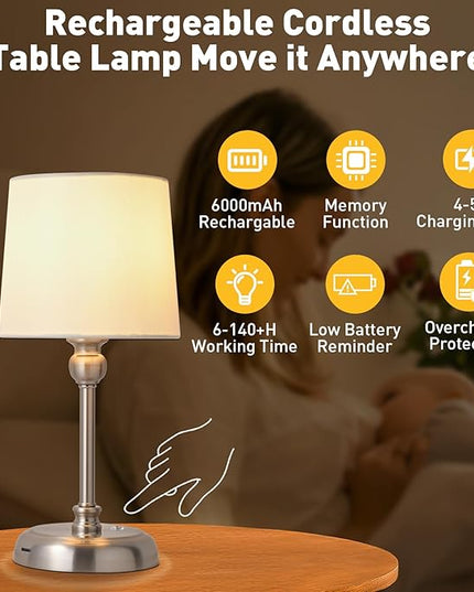 Cordless LED Table Lamp, 6000mAh Rechargeable Bedside Night Lamp for Bedroom, Portable Touch Stepless Dimmable Battery Operated Lamp, Ambient Light for Patio Restaurant(Brushed Nickel S) - LeafyLoom