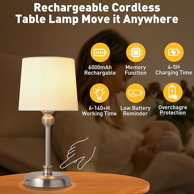 Cordless LED Table Lamp, 6000mAh Rechargeable Bedside Night Lamp for Bedroom, Portable Touch Stepless Dimmable Battery Operated Lamp, Ambient Light for Patio Restaurant(Brushed Nickel S) - LeafyLoom