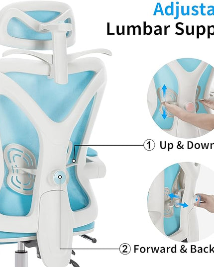Ergonomic Office Chair with Footrest | Adjustable Lumbar Support, Reclining Desk Chair with Leg Rest, Comfortable Mesh Computer Chair for Home & Office (Blue) - LeafyLoom