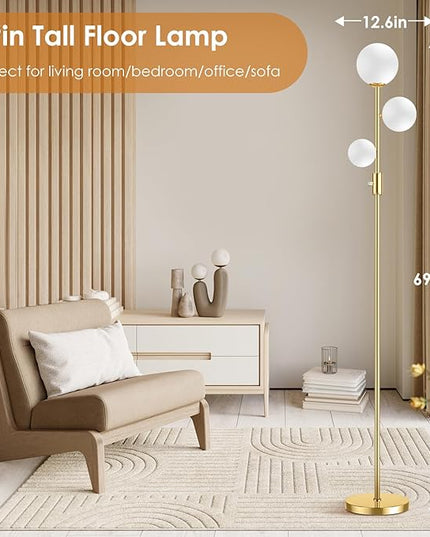 69" 3-Globe Mid Century Floor Lamp for Living Room, Modern Dimmable Tall Standing Lamp with Frosted Glass Shades, Contemporary Gold Pole Lamp for Bedroom Office, 3 LED Bulbs Included - LeafyLoom