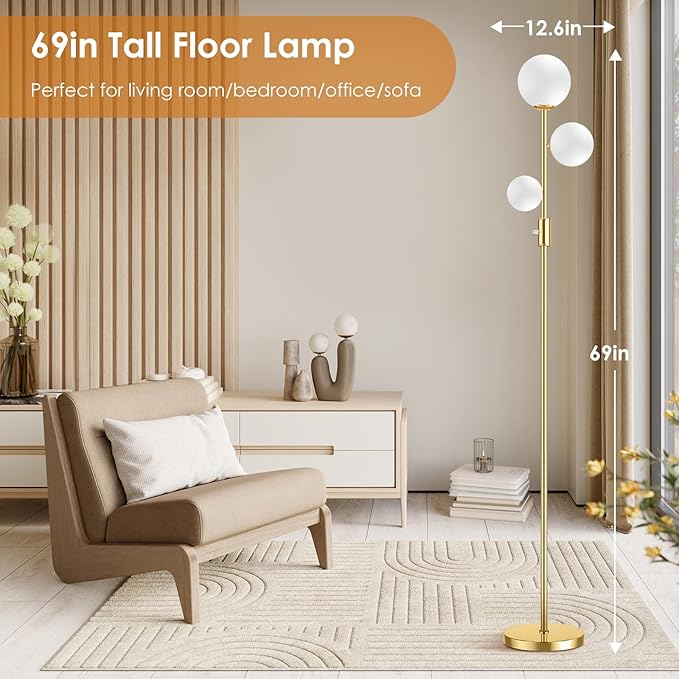 69" 3-Globe Mid Century Floor Lamp for Living Room, Modern Dimmable Tall Standing Lamp with Frosted Glass Shades, Contemporary Gold Pole Lamp for Bedroom Office, 3 LED Bulbs Included - LeafyLoom