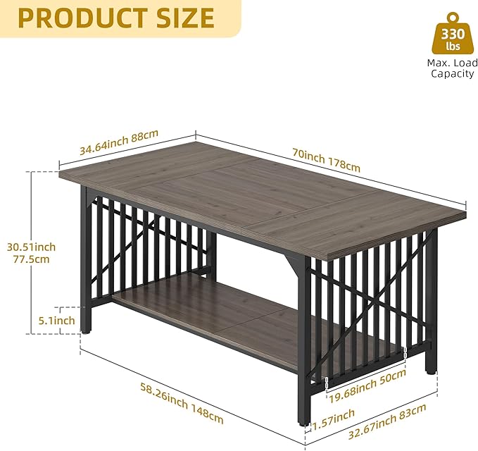 DWVO 70.8" Large Kitchen Dining Table for 6-8 People, Farmhouse Industrial Kitchen Table with Storage, Rectangle Apartment Rustic Dinning Room Dinette Tables for Eating Dinner - LeafyLoom