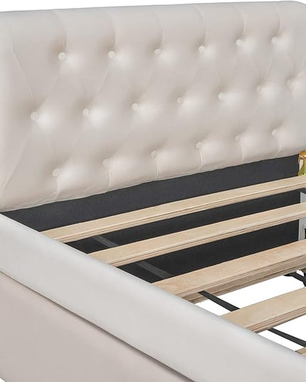 Twin Size Daybed with Trundle,Upholstered Sofa Bed W/Button & Nailhead Tufted Design Curved Armrests,Wood Slats Support,Bedframe for Bedroom Livingroom Small Space,No Box Spring Needed,Beige - LeafyLoom