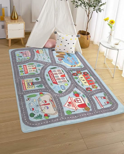 Non-slip Kids Playmat Rug for Playroom, 3'x 5' Blue Washable Children's Educational Rugs, Learning & Have Fun Safely City Life Road Traffic Play Mat Carpet for Baby Room Bedroom - LeafyLoom