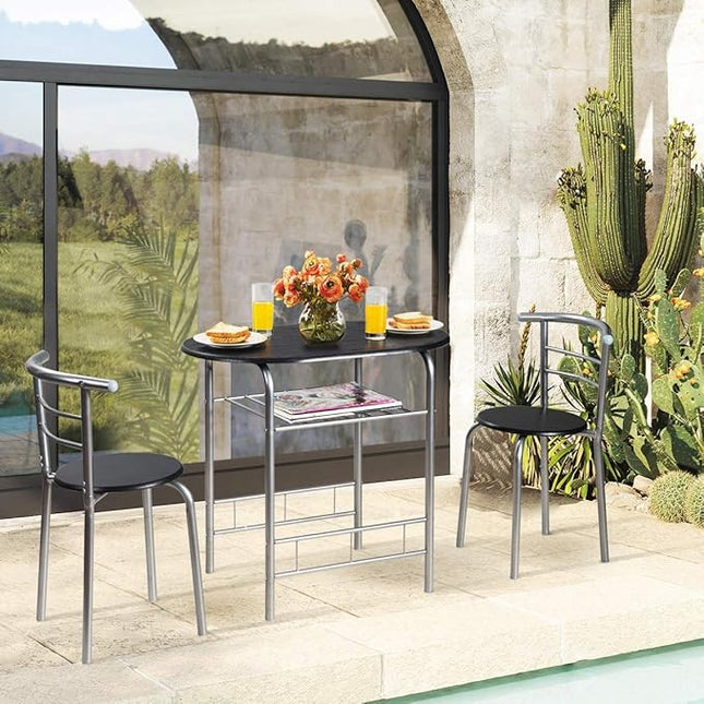 FANTASK 3 Pieces Dining Set, Breakfast Table Set w/Metal Frame and Storage Shelf, Compact Table and 2 Chairs Set for Home Bistro Pub Apartment Kitchen Dining Room Cafe - LeafyLoom