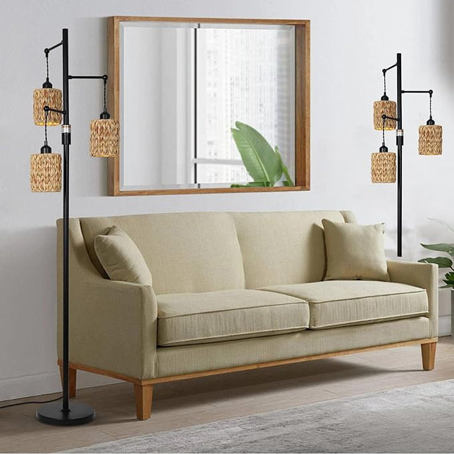 Rattan Floor Lamp, 3-Lights Boho Floor Lamp with Stepless Dimmer, Farmhouse Rustic Floor Lamps for Living Room, Tall Floor Lamp with Rattan Shades, Dimmable Standing Lamp for Bedroom - LeafyLoom