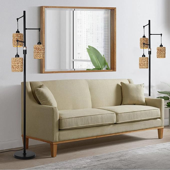 Rattan Floor Lamp, 3-Lights Boho Floor Lamp with Stepless Dimmer, Farmhouse Rustic Floor Lamps for Living Room, Tall Floor Lamp with Rattan Shades, Dimmable Standing Lamp for Bedroom - LeafyLoom