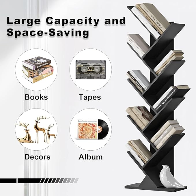 Function Home 9 Tier Tree Bookshelf, Modern Tall Geometric Bookcase, Freestanding Book Shelf, Wood Floor Storage Shelf for Living Room, Bedroom, Home Office,Black - LeafyLoom