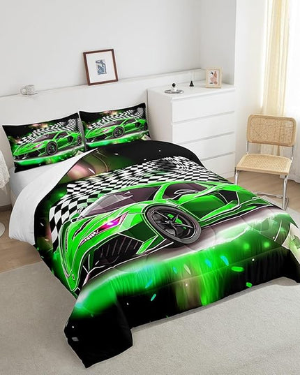 Feelyou Race Car Bedding Set Queen Size,Boys Extreme Sports Comforter Set for Kids Boys Car Racing Gifts,Green Cool Car Comforter Car Sports Quilt Set 1 Comforter with 2 Pillowcase Car Racing Gifts - LeafyLoom