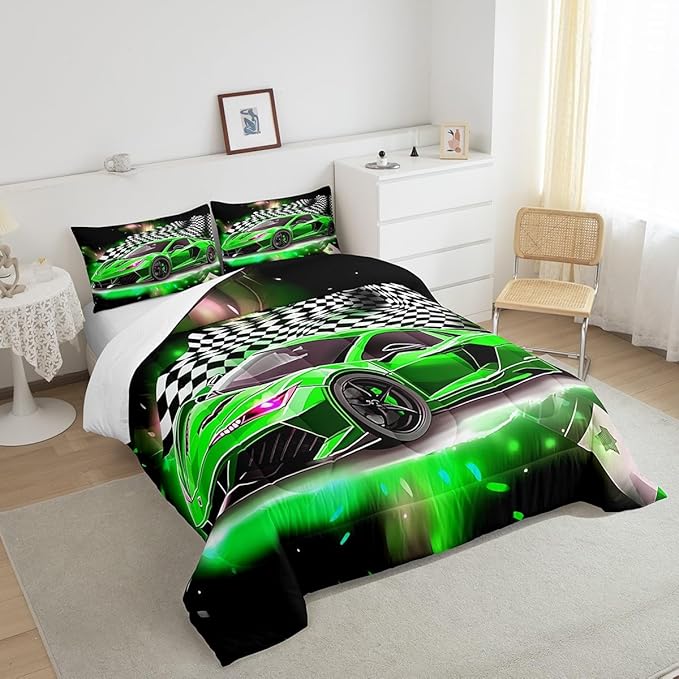 Feelyou Race Car Bedding Set Queen Size,Boys Extreme Sports Comforter Set for Kids Boys Car Racing Gifts,Green Cool Car Comforter Car Sports Quilt Set 1 Comforter with 2 Pillowcase Car Racing Gifts - LeafyLoom