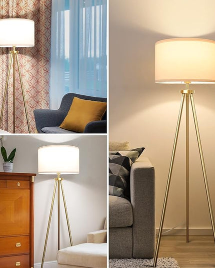 Tripod Floor Lamps for Living Room, Modern Standing Lamp with Drum Shade, Simple Industrial Tall Lamp, 9W LED Bulb Included - Brass - LeafyLoom