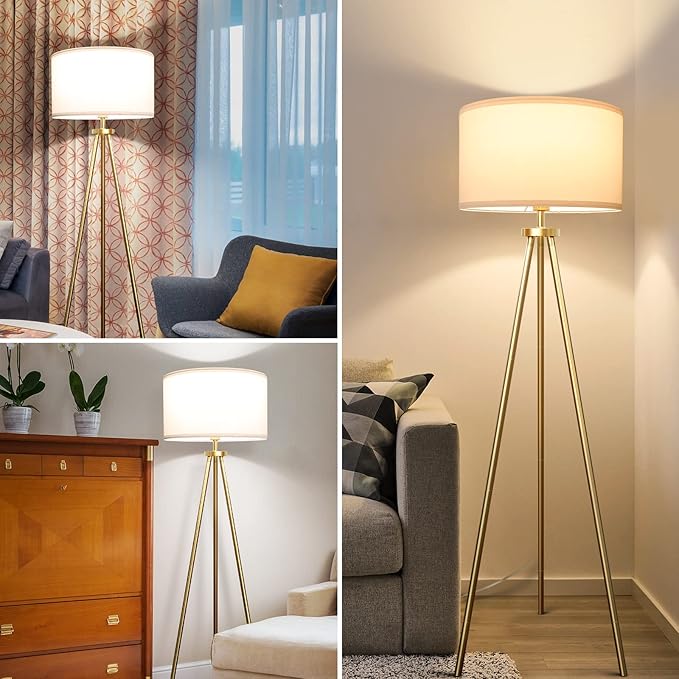 Tripod Floor Lamps for Living Room, Modern Standing Lamp with Drum Shade, Simple Industrial Tall Lamp, 9W LED Bulb Included - Brass - LeafyLoom