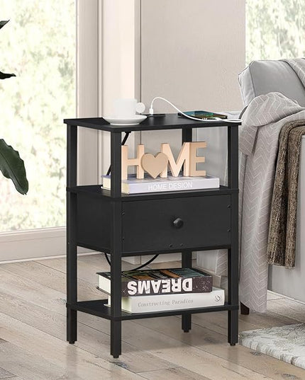 Lerliuo Nightstand Set of 2 with Charging Station and USB Ports, 3-Tier Storage End Table with Drawer Shelf, Night Stand for Small Spaces, Wood Bedside Table for Living Room, Bedroom - Classic Black - LeafyLoom