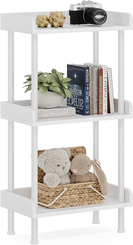 Bookshelf Small Book Shelf - 3-Tier Wood Bookcase Industrial Bookshelf with Edge Protection Metal Standing Book Shelves Display Book Rack for Living Room Bedroom Home Office (White) - LeafyLoom