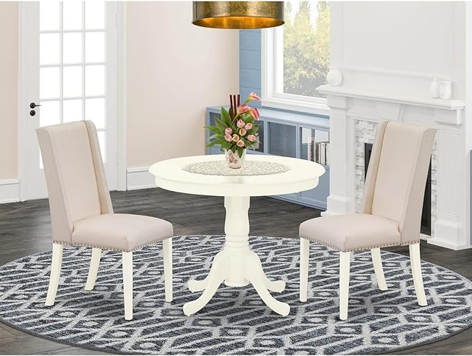 East West Furniture Antique 3 Piece Room Furniture Set Contains a Round Kitchen Table with Pedestal and 2 Cream Linen Fabric Parson Dining Chairs, 36x36 Inch, ANFL3-LWH-01 - LeafyLoom
