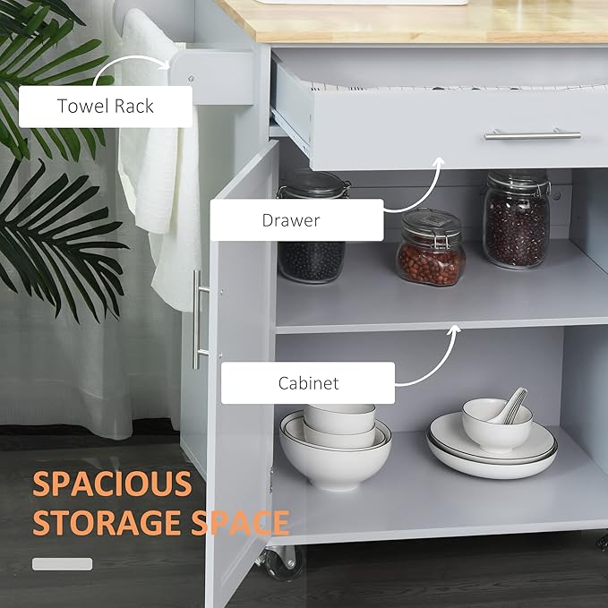 HOMCOM Kitchen Island Cart Rolling Trolley Cart with Drawer, Storage Cabinet & Towel Rack, Gray - LeafyLoom