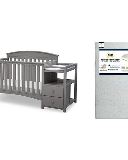 Delta Children Abby Convertible Crib 'N' Changer, Grey + Serta Perfect Slumber Dual Sided Recycled Fiber Core Crib and Toddler Mattress (Bundle) - LeafyLoom