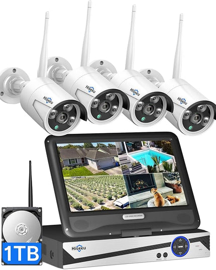 [10CH Expandable] Hiseeu Wireless Security Camera System with 10in LCD 4K Monitor, 4Pcs 5MP Outdoor Indoor Cameras with One-Way Audio, Waterproof, Motion Detect, 1TB HDD/Cloud Storage, Work with Alexa Hiseeu