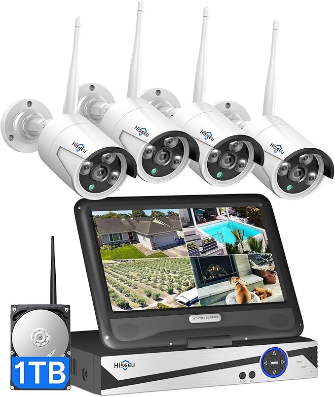 [10CH Expandable] Hiseeu Wireless Security Camera System with 10in LCD 4K Monitor, 4Pcs 5MP Outdoor Indoor Cameras with One-Way Audio, Waterproof, Motion Detect, 1TB HDD/Cloud Storage, Work with Alexa Hiseeu