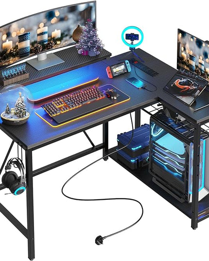 Bestier Small Gaming Desk with Power Outlets,42 L Shaped LED Computer Desk with Stand Reversible Shelves,Corner Gamer Desk with Headset Hooks USB Charging Port,Carbon Fiber Black - LeafyLoom