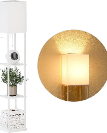 SUNMORY Shelf Floor Lamp with 3-Way Dimmable LED Bulb, Modern Square Standing Lamp with Shelves and White Shade, Corner Display Bookshelf Lamp for Living Room and Bedroom(White) - LeafyLoom