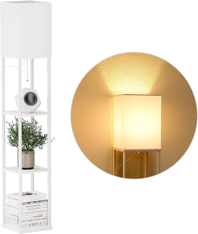 SUNMORY Shelf Floor Lamp with 3-Way Dimmable LED Bulb, Modern Square Standing Lamp with Shelves and White Shade, Corner Display Bookshelf Lamp for Living Room and Bedroom(White) - LeafyLoom