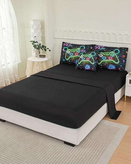 NINENINE 6PCS Gamer Bedding Sets for boys,Twin Comforter Sets for Boys, Gaming Bedding Sets for boys gamer Bedding Comforter Sheet Set(1Comforter,1Flat Sheet,1Fitted Sheet,1Cushion Cover,2Pillowcases - LeafyLoom