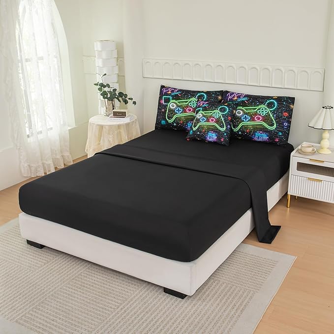 NINENINE Gamer Bedding Sets, 6PCS Full Size Comforter Size for Boys,Gaming Bedding Sets for Boys Bed in A Bag Gamer Comforter Sets(1Comforter,1Flat Sheet,1Fitted Sheet,1Cushion Cover,2Pillowcases)… - LeafyLoom