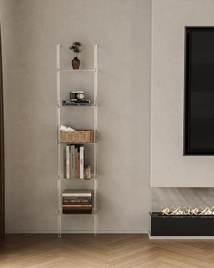 Small Acrylic Ladder Bookshelf, 9.5" D x 15.6" W, 5-Tier Clear Wall Mounted Book Shelf for Small Spaces, Multipurpose Bookcase for Living Room, Bathroom, Office, Modern, 73" H - LeafyLoom
