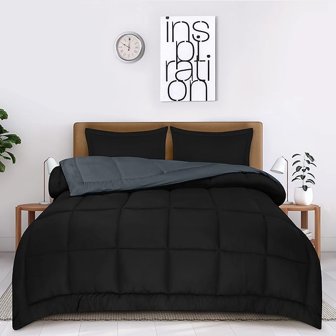 Utopia Bedding Queen Size Comforter Set with 2 Pillow Shams, Bedding Comforter Sets, Down Alternative Reversible Black/Grey Comforter, Soft and Comfortable, Machine Washable - LeafyLoom