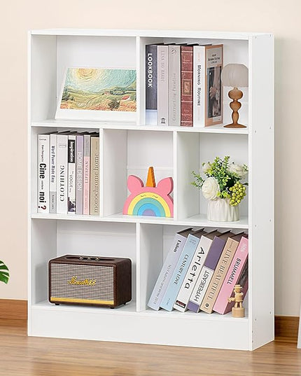 YAHARBO White 7 Cube Bookshelf,3 Tier Modern Horizontal Bookcase,Wooden Low Book Shelf Display Storage Cabinet with Base,Floor Standing Short Bookshelves Open Organizer for Bedroom,Living Room,Office - LeafyLoom