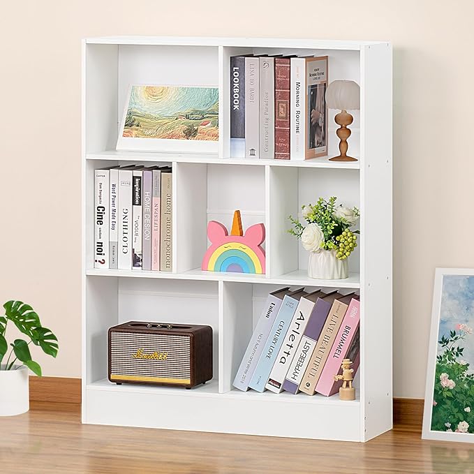 YAHARBO White 7 Cube Bookshelf,3 Tier Modern Horizontal Bookcase,Wooden Low Book Shelf Display Storage Cabinet with Base,Floor Standing Short Bookshelves Open Organizer for Bedroom,Living Room,Office - LeafyLoom