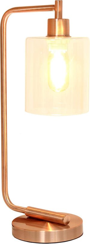 Simple Designs LD1036-RGD Bronson Antique Style Industrial Iron Lantern Desk Bedside Glass Shade Table Lamp, Rose Gold - LeafyLoom
