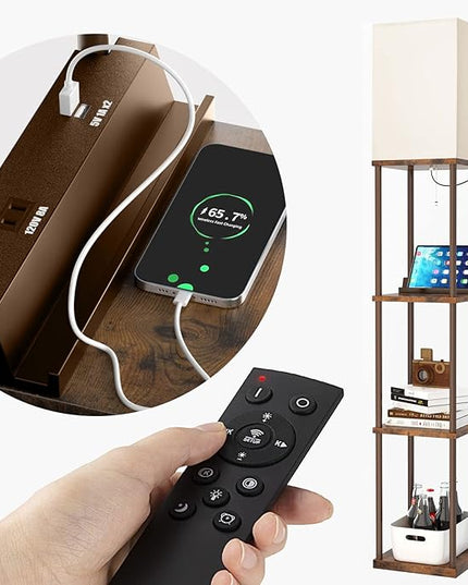 addlon Shelf Floor lamp with 2 USB Ports and Power Outlet, Remote Control Floor lamp for Living Room with 3 Color temperatures led Bulb, Display lamp for Bedroom and Office - Brown - LeafyLoom