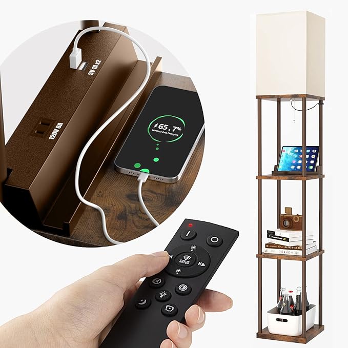 addlon Shelf Floor lamp with 2 USB Ports and Power Outlet, Remote Control Floor lamp for Living Room with 3 Color temperatures led Bulb, Display lamp for Bedroom and Office - Brown - LeafyLoom
