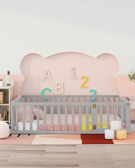 Multifunctional Queen Size Floor Bed with Safety Guardrails and Door, Montessori Sturdy Solid Wood Beds Frame, Easy Assembly and No Spring Need, for Boys and Girls Room, Gray - LeafyLoom