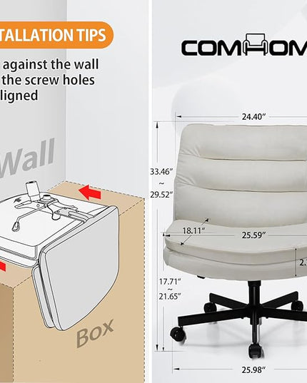 COMHOMA Criss Cross Chair with Wheels, Armless Wide Cross Legged Office Chair Mid Back, Modern Home Office Desk Chair Swivel Adjustable Vanity Computer Chair, Beige Velvet - LeafyLoom