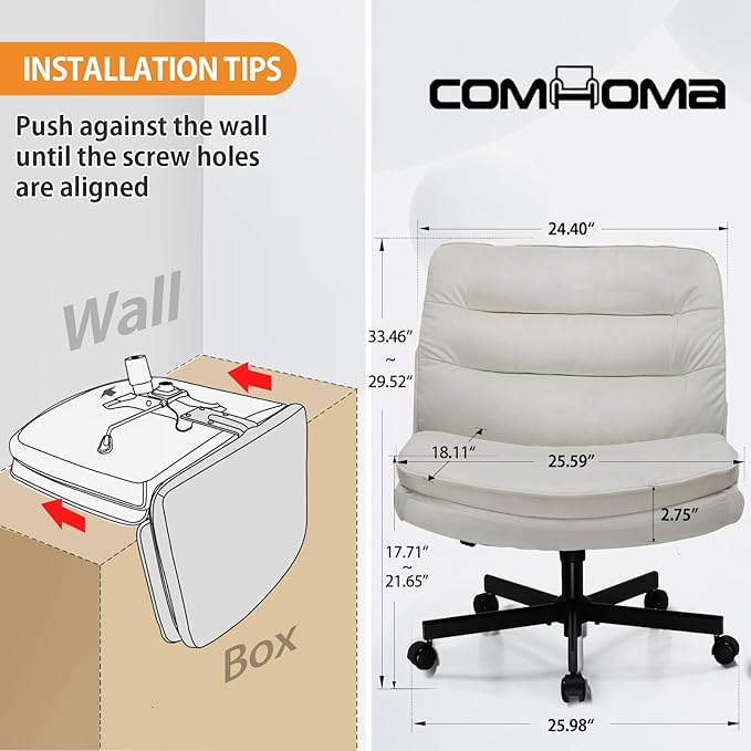 COMHOMA Criss Cross Chair with Wheels, Armless Wide Cross Legged Office Chair Mid Back, Modern Home Office Desk Chair Swivel Adjustable Vanity Computer Chair, Beige Velvet - LeafyLoom