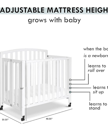 DaVinci Dylan Folding Portable 3-in-1 Convertible Mini Crib and Twin Bed in White, Greenguard Gold Certified - LeafyLoom