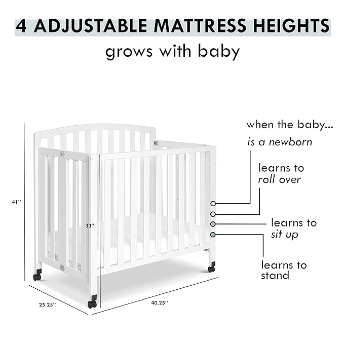 DaVinci Dylan Folding Portable 3-in-1 Convertible Mini Crib and Twin Bed in White, Greenguard Gold Certified - LeafyLoom