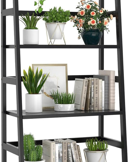 Homykic Bamboo Bookshelf 4-Tier Ladder Shelf, 49.2” Freestanding Open Bookcase Book Shelf Bathroom Storage Shelf Unit Plant Stand for Small Space, Living Room, Bedroom, Home Office, Black - LeafyLoom